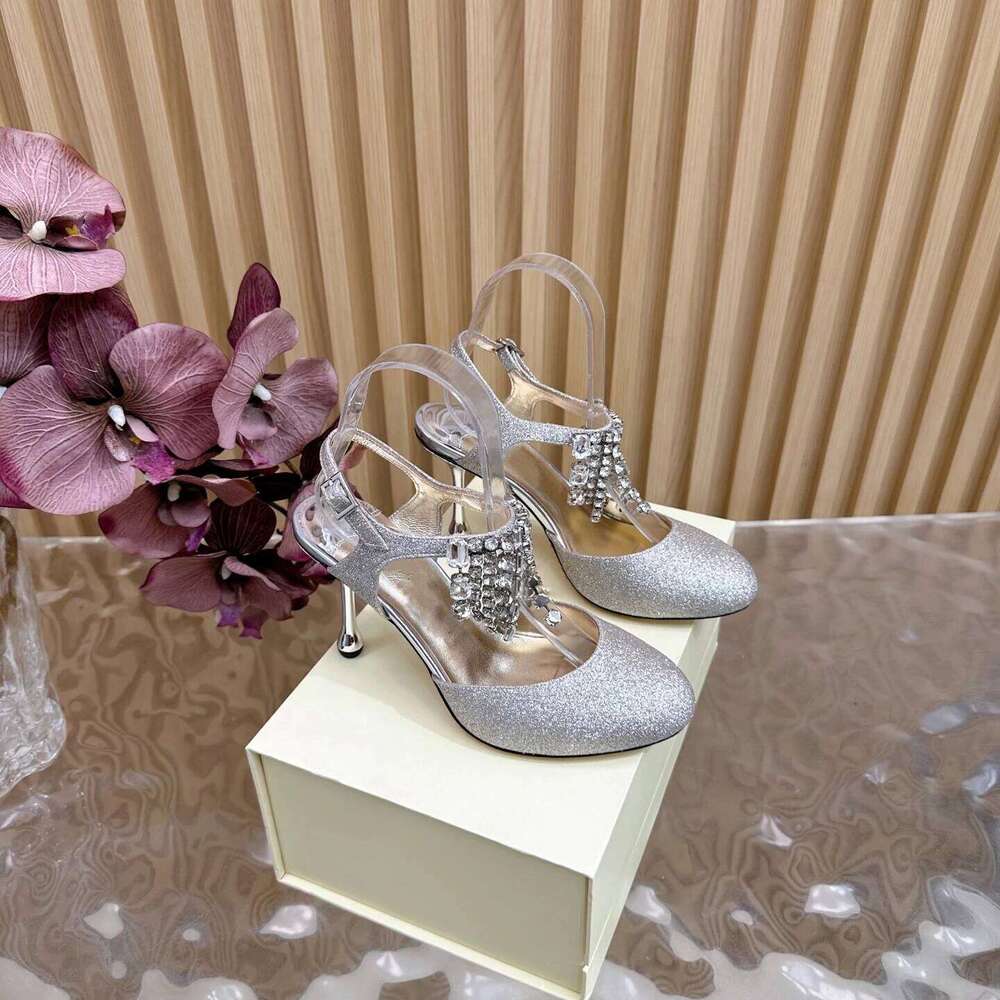 Women Size34-42 Silk Genuine Leather Pumps Slingbacks Crystals Sandals Round Toe Party Designer Shoes Zapatillas De Mujer bbc