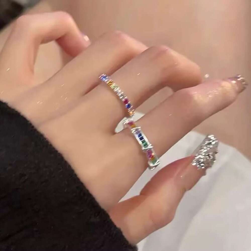 Colorful Zircon INS Ring for Women, Niche Design, Personalized High-End Adjustable Open Ring, Trendy Summer bfa