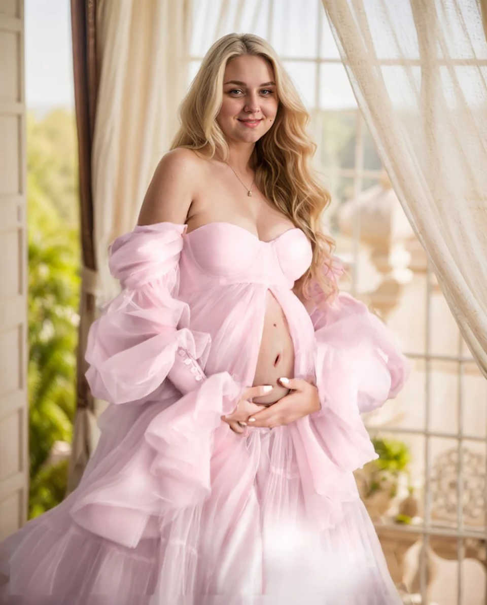 Multi-layer Maternity Dresses For Photoshoot Tulle Strapless Long Sleeves Wedding Bridal Sleepwear BabyShower Gown Customized