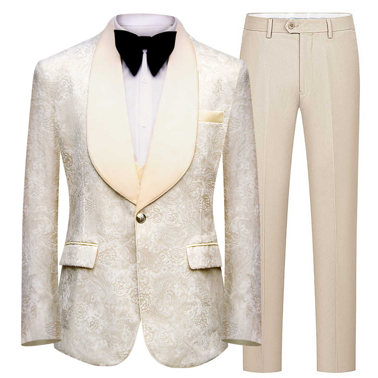Elegant Jacquard Wedding Tuxedos Jacket Vest Pants Shawl Lapel Men Suits Handsome Groom Wear Party Male Suit Customized