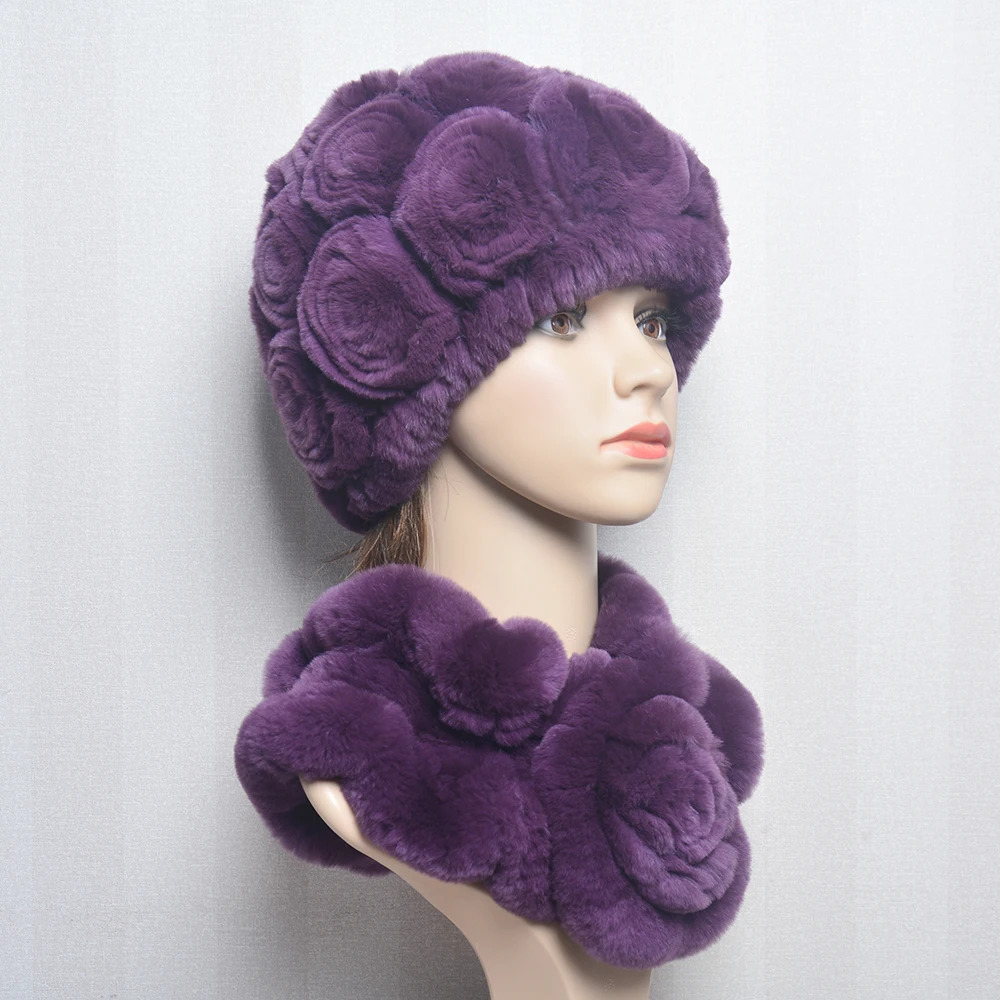 Women Winter Fur Hat Scarf Sets Natural Warm Rex Rabbit Fur Cap Scarves Lady Knitted Warm 100% Genuine Fur Hats Muffler 250724