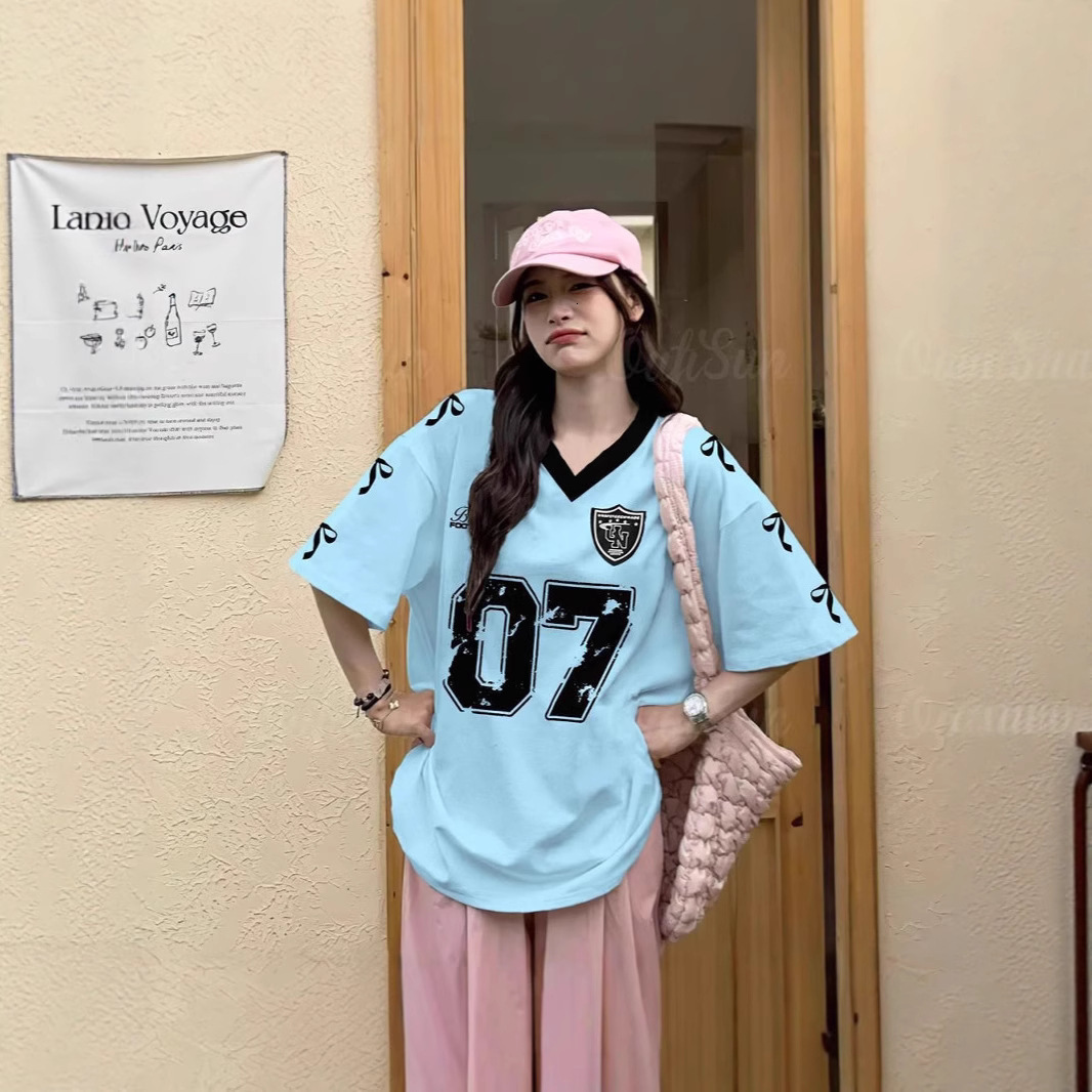 2025 High Street Leisure Sports Baseball Collar Color blocked Short Sleeve Women's Summer Loose Printed Top New Designer T-shirt