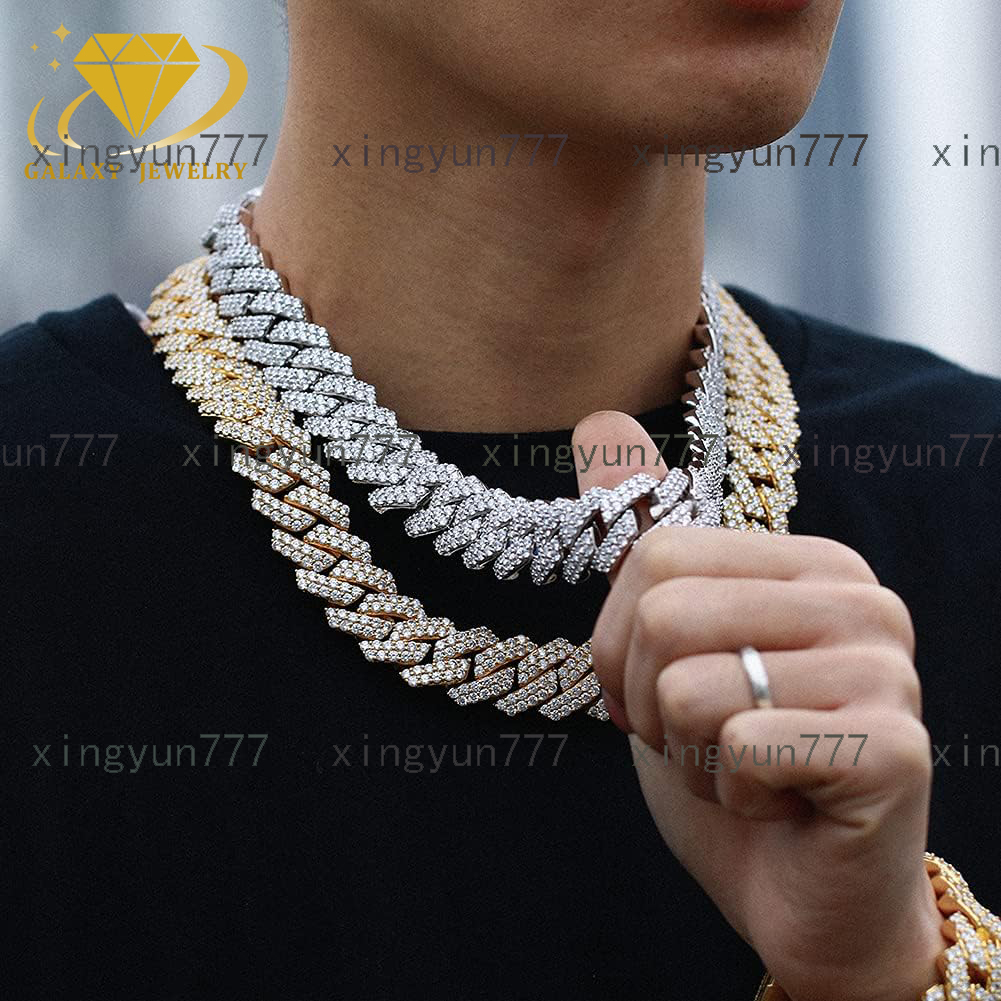 Pass Diamond Tester 2 Rows 10mm 12mm Real 925 Silver Hip Hop Full Iced Out VVS Moissanite Prong Cuban Link Chain for Men