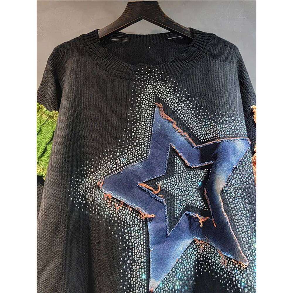 Designer Clothing 2025 DEAT Women's Pullover Patchwork Denim Star Rhinestone Broken Holes O-Neck Loose Long Sleeve Sweater 2025 Summer New Fashio