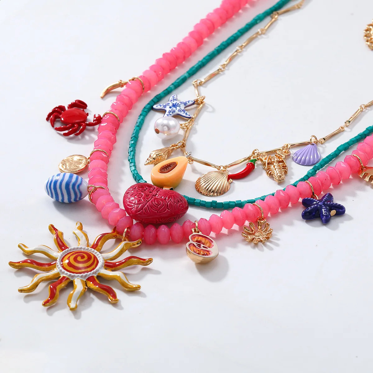 Summer Ocean Vacation Beaded Charms Sun Heart Conch Crab Pendant Necklaces for Women Beach Party Jewelry Neck Accessories 250716