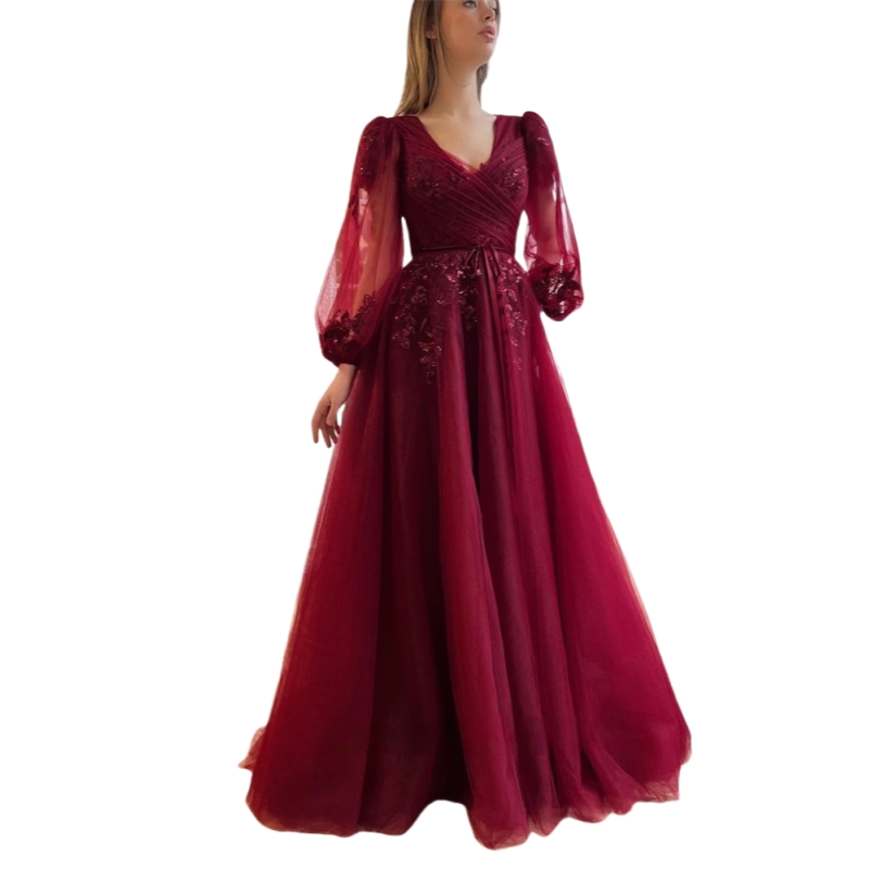 Burgundy Evening Dresses Long Sleeves A-Line Floor Length Prom Gown Lace Appliques Plests V-Neck Long Tulle Special Occasion Dress For Lady