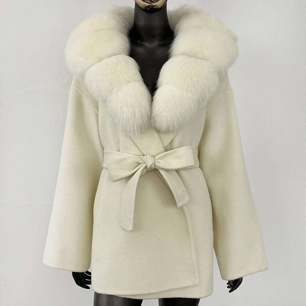Designer Clothing GENHUA Fashion Outerwears Commute Belt Real Wool Coat Female 2025 New Winter Clothing Women Natural Fox Fur Woolen Jacket Fashion