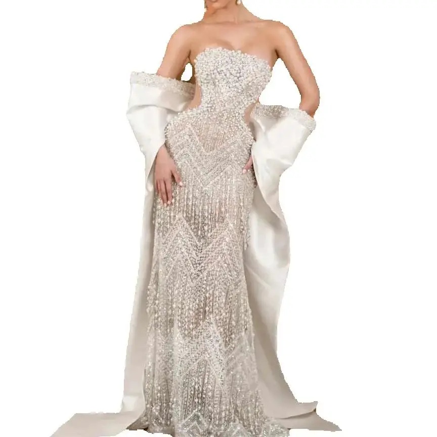 Elegant Strapless Sheath Wedding Dress Fashion Pearls Beaded Bridal Dress With Wrap Tassels Customized vestidos de novia