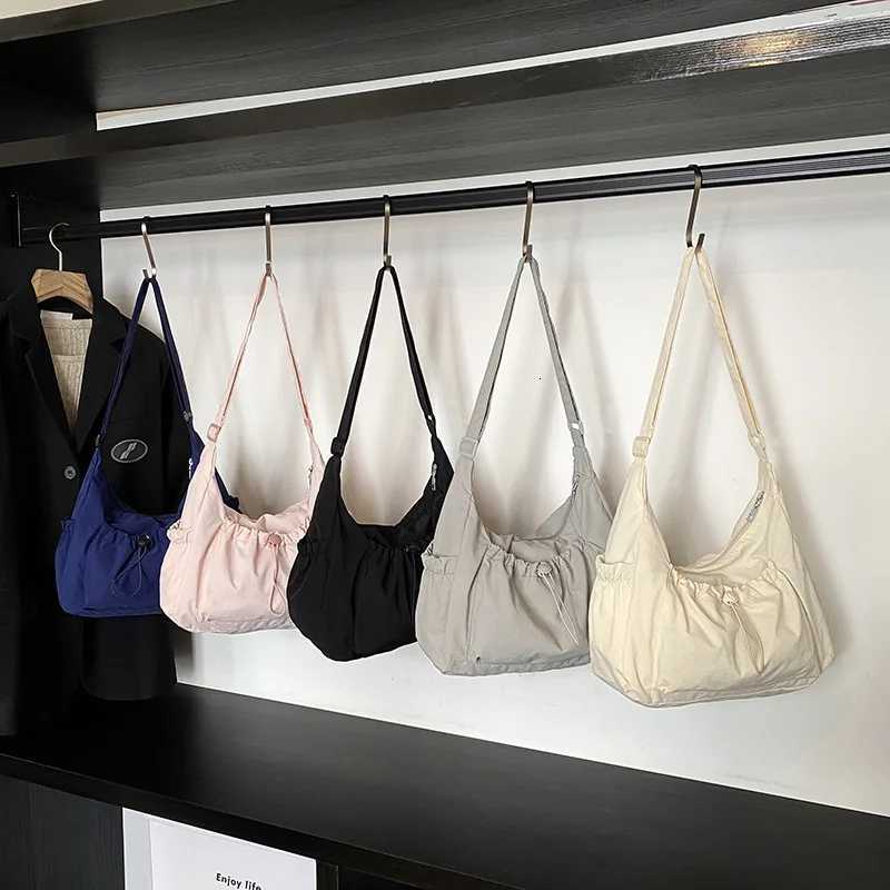 Simple Womens Nylon Shoulder Bags Large Capacity Ladies Drawstring Pocket Crossbody Bag Solid Color Female Tote Purse Handbags Y250730
