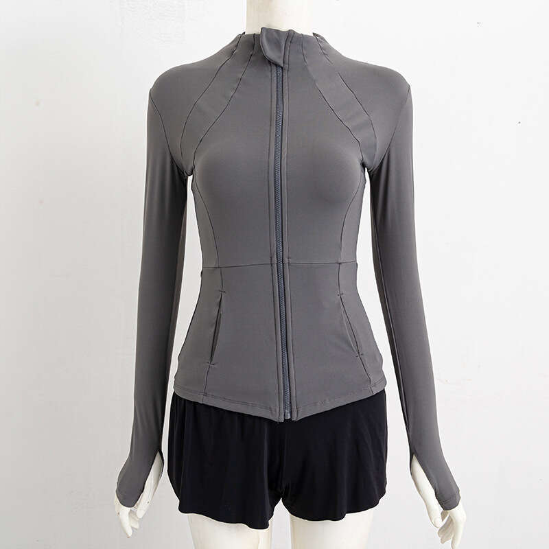 Simple Slim Fit Yoga Jacket Fitness Long Sleeve Top Stand Collar Quick Dry Sports Sun Protection Cardigan Tight Waist
