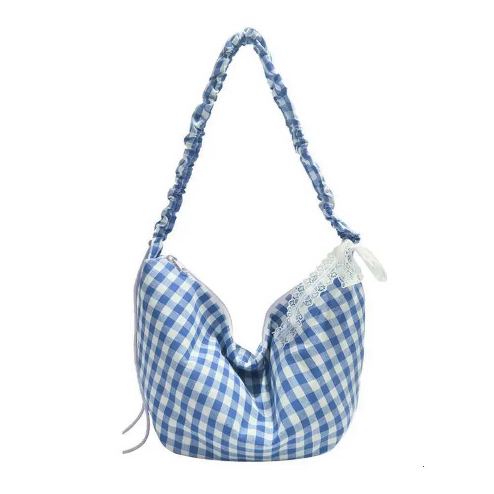Casual Korean Hobos Shoulder Bag Half Moon Large Capacity Crossbody Bag Plaid Canvas Handbags Women Y250730