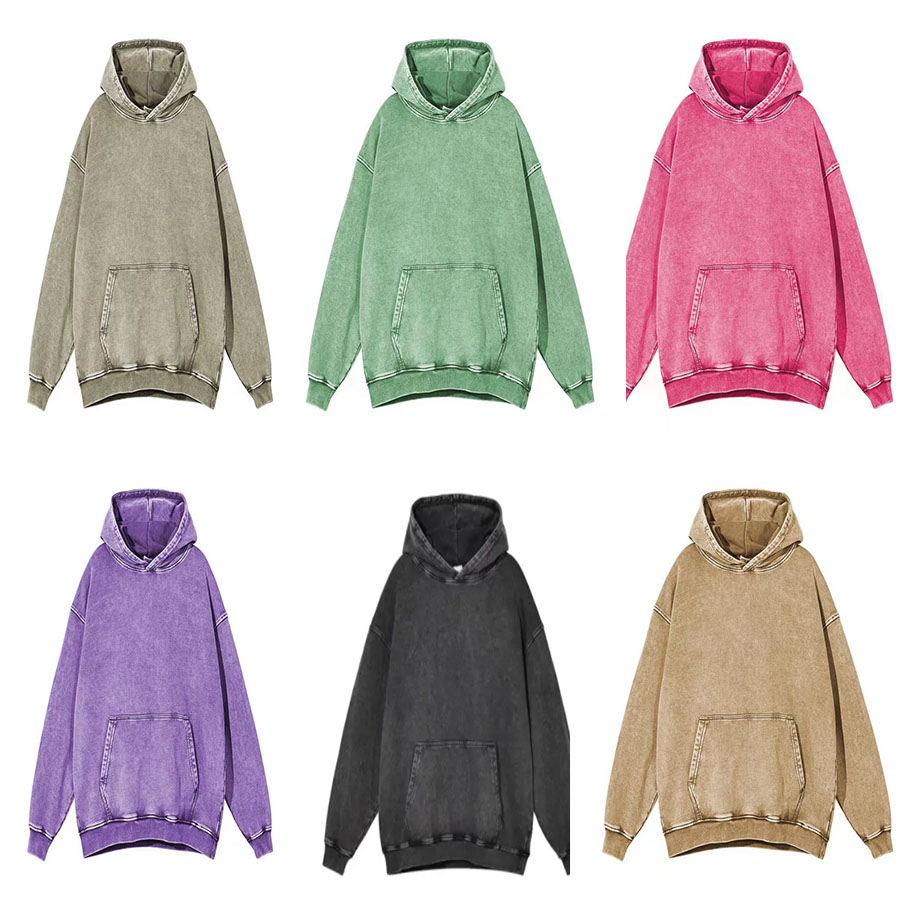Pure cotton washed and worn hooded round neck sweater for men and women tide brand off-shoulder solid color American retro hoodie