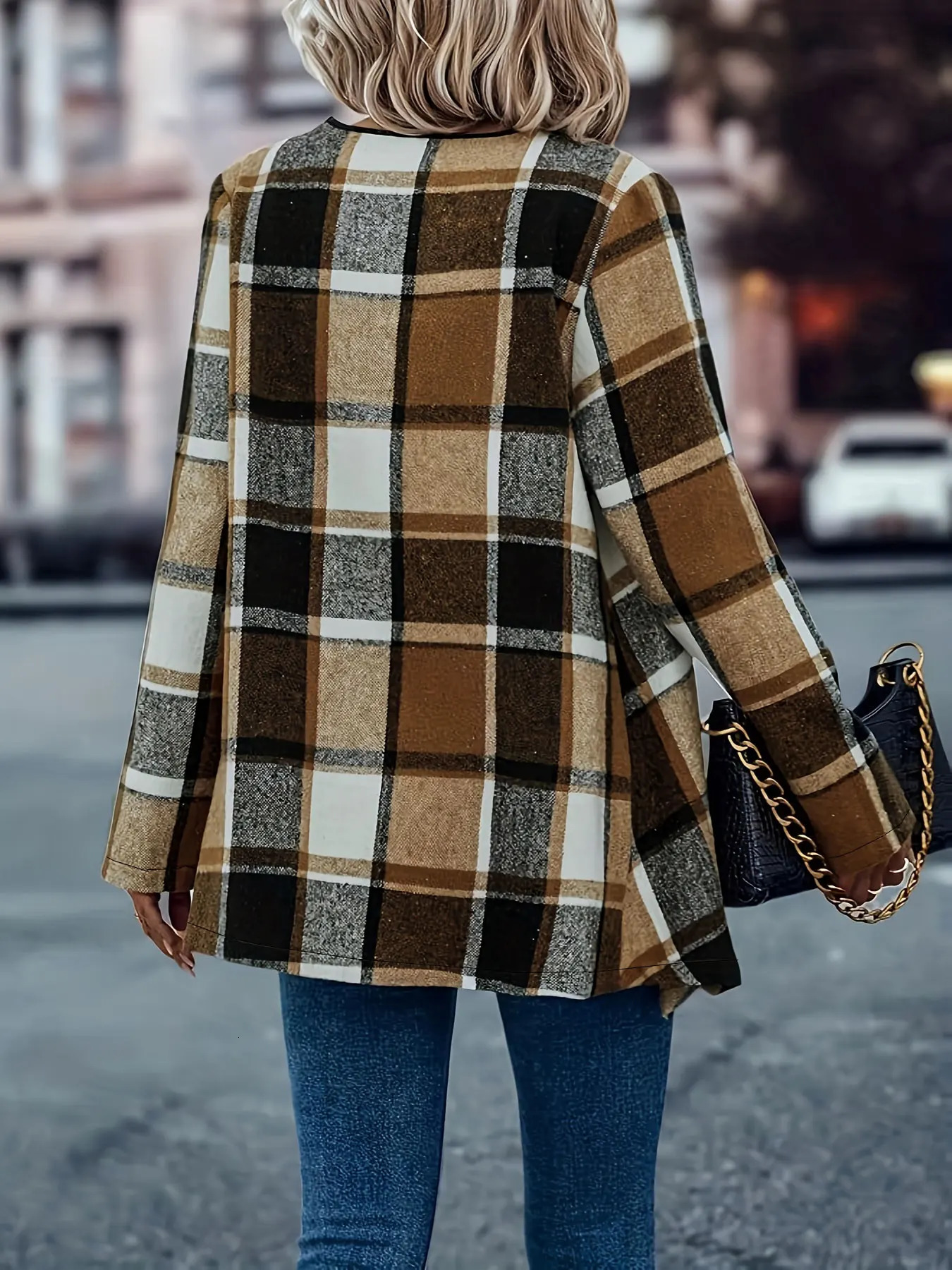 Women Plus Size Woven Open Front Long Sleeve Checkered Pattern Casual Jacket Classic Plaid Outerwear for Spring Autumn 250731