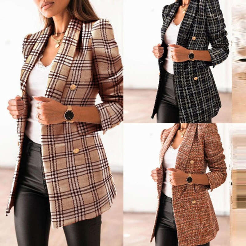 2024 New Autumn and Winter Long Sleeve Double-Breasted Suit Collar Printed Small Jacket for Women