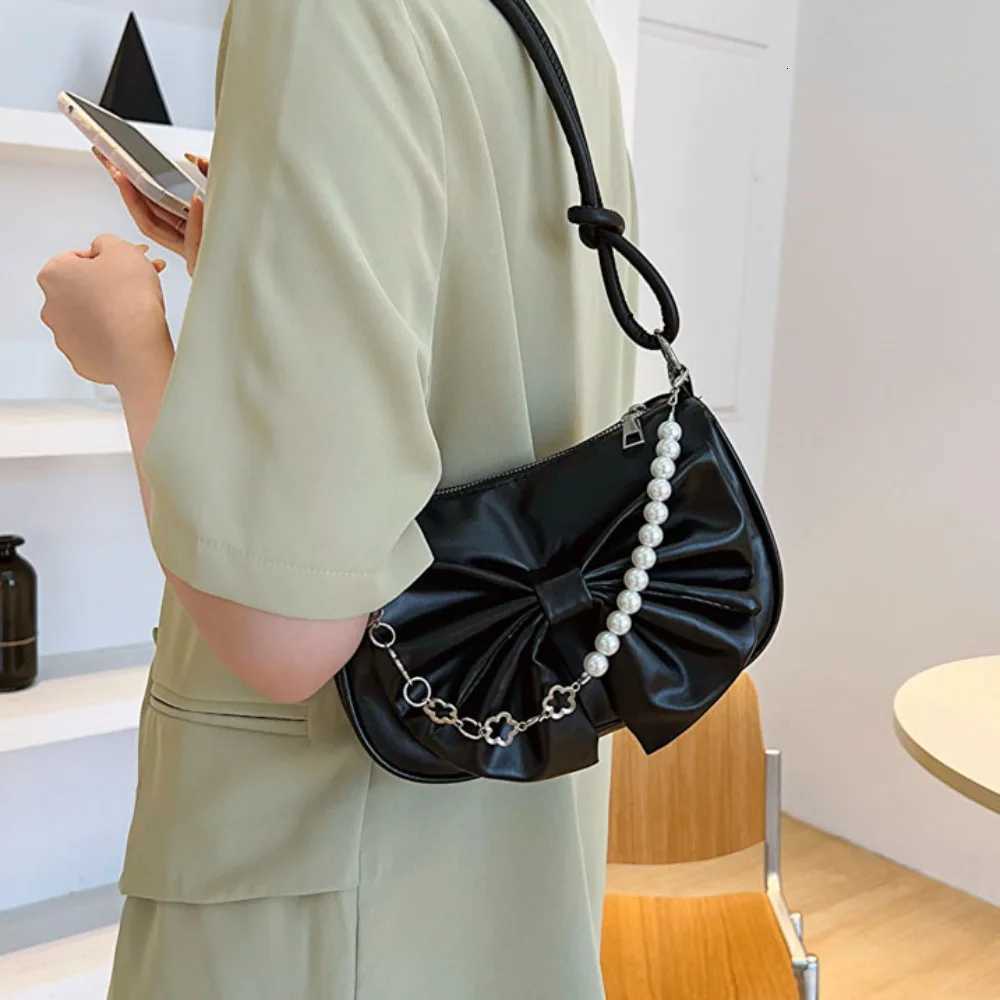 Trendy Pearl Bow Shoulder Bag Underarm Bag Daily Commuting Bag Casual Handbag Solid Business Womens Bag Y250730