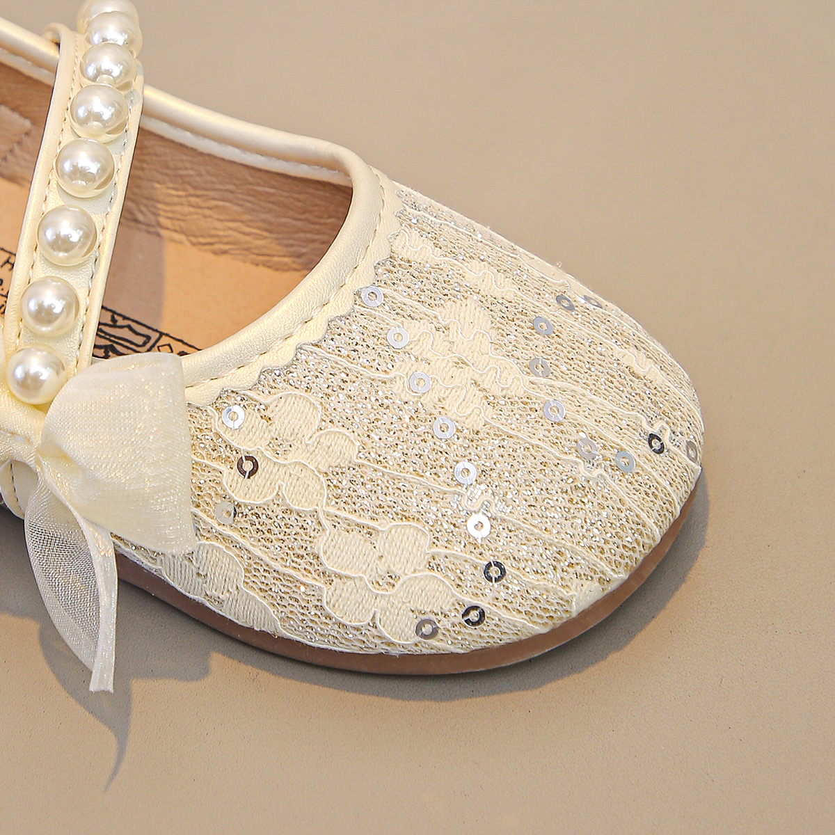 Girls Lace Princess Shoes Pearl Trip Bow Sequins Exquisite Little Leather Shoes