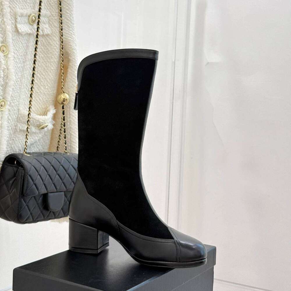Women Size35-41 Genuine Leather Med Heels Natural Cow Suede Mid Calf Boots Zipper Designer Shoes Zapatillas De Mujer 5ef