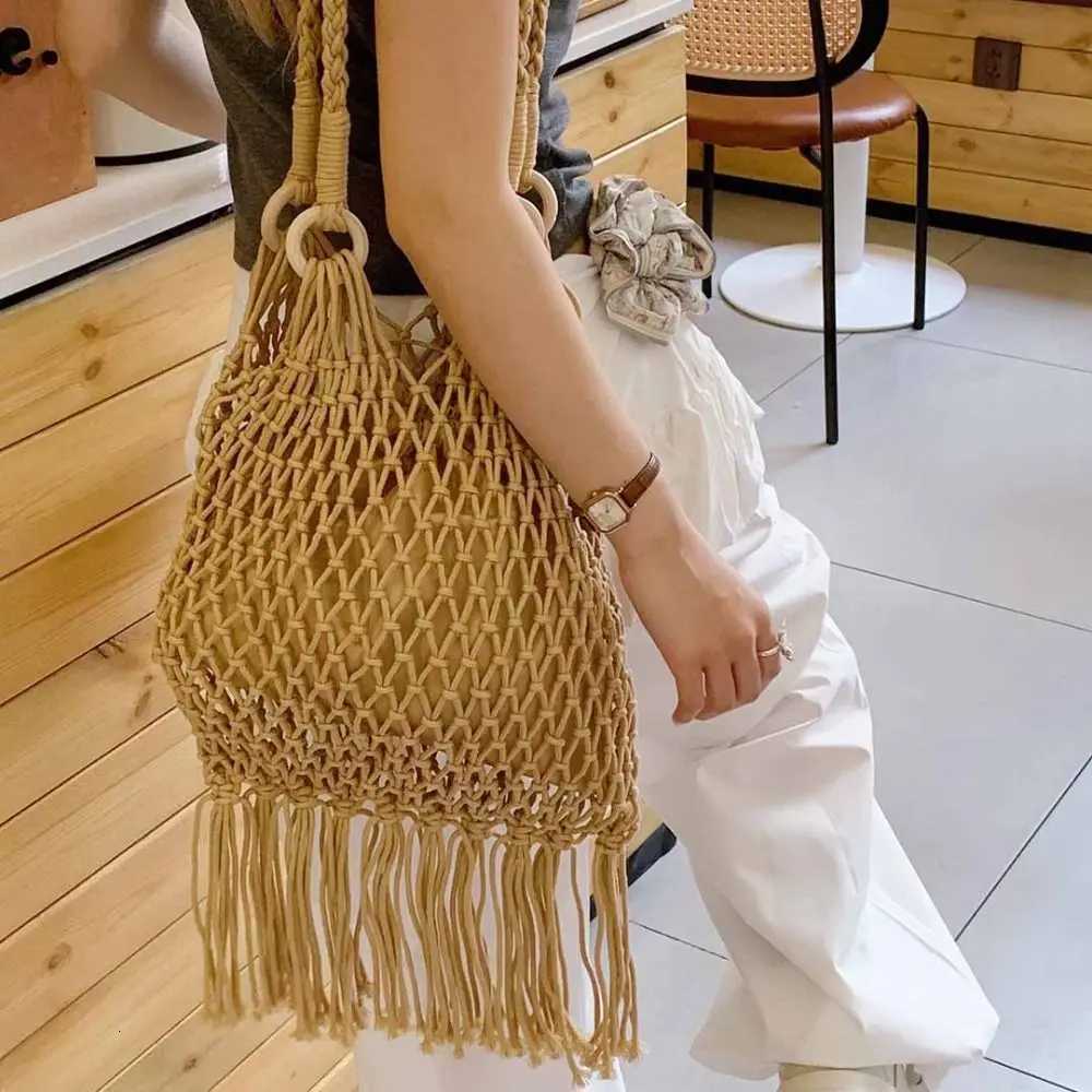 Hollow Out Cotton Thread Woven Bag Tote Bag Bohemian Style Tassel Beach Bag Beach Handbag Bucket Bag Hollow Shoulder Bag Summer Y250730