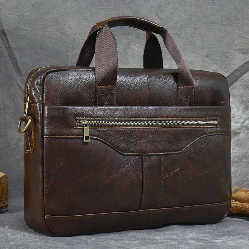 Brand Men Laptop 14 Inch Genuine Leather Business Briefcases Work Tote With Strap Male Messenger Bag