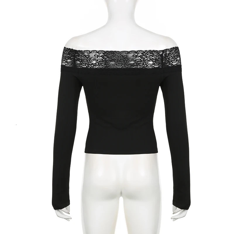 BIIKPIIK Black Lace Patchwork Long Sleeve Tshirts Women Casual Sexy Slash Neck Slim Fit Tops Concise Allmatch Lady Tees Autumn 250730