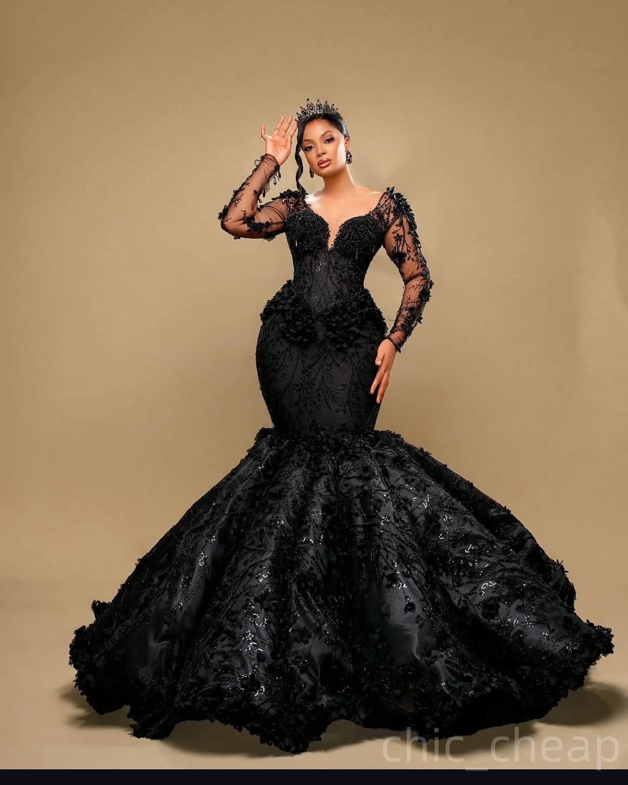 Black Mermaid Prom Dresses 2025 3D Floral Lace Pearls Full Sleeves Evening Formal Party Second Birthday Engagement Gowns Plus Size Dress For Special O