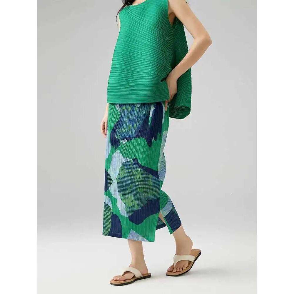 Pleated Clothes Summer New Elegant Temperament Slit Printed Half Slim Fit Versatile A-line Skirt 2DB2687