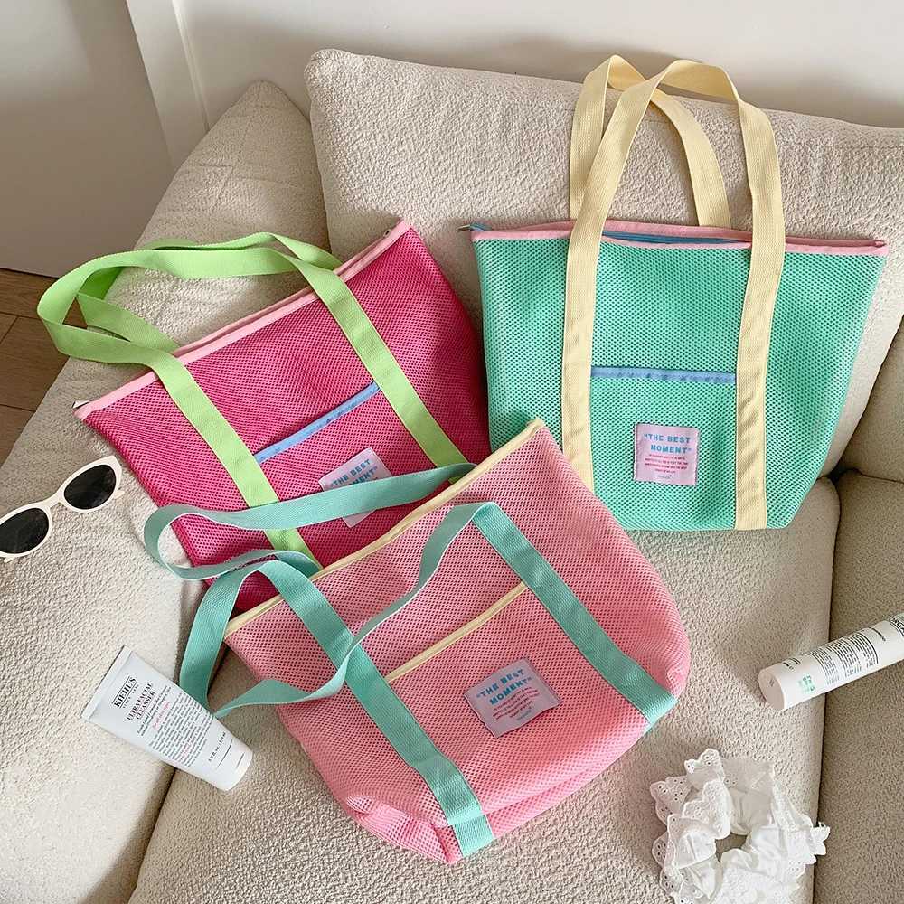 Summer Mesh Handbag for Girls with Zipper Foldable Shoulder Bag for Students Travel Beach Tote Jelly Purse G250729
