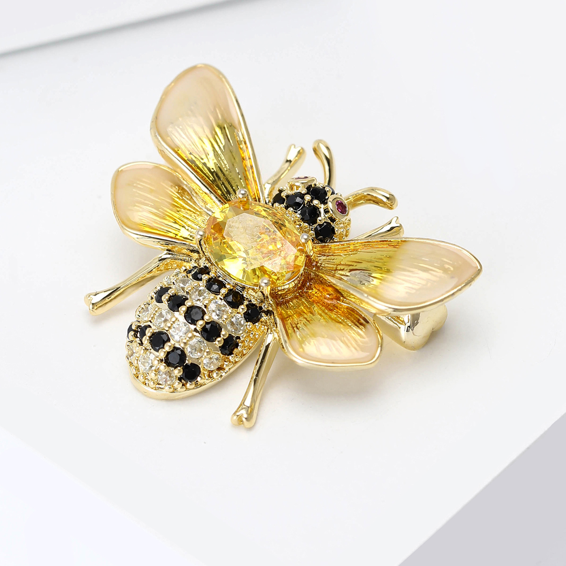 Gold Tone Rhinestone - Bee Brooch With Yellow Gemstone, Black Onyx And Pearl Accents Nature - Inspired Jewelry And Gift For Him/Her High Quality And S