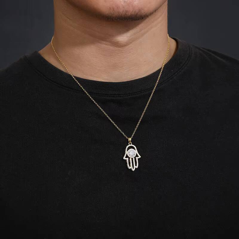 Fine Jewelry Gold Plated 925 Pure Silver VVS Moissanite Diamond Hamsa Hand Pendant Necklace With Chain