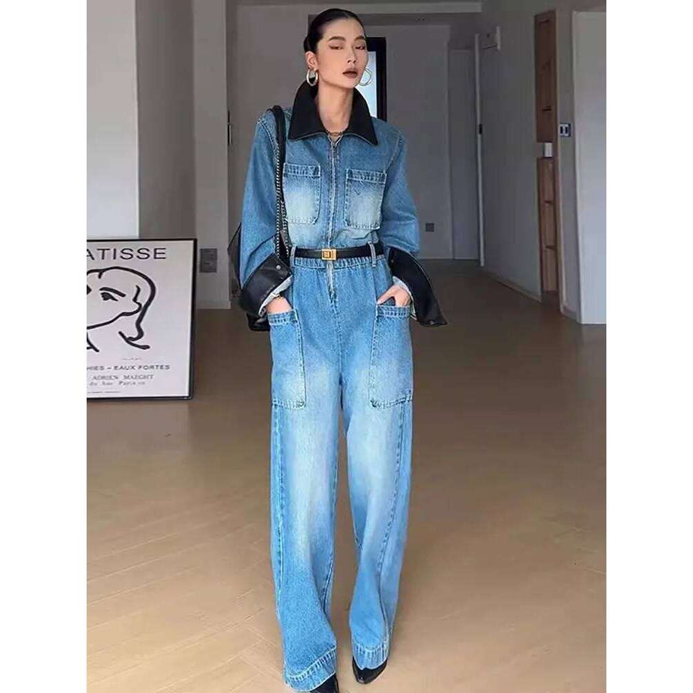 Retro Polo Collar Workwear Denim Jumpsuit Women's Spring And Autumn Color Blocked High Waisted Wide Leg Pants 250728