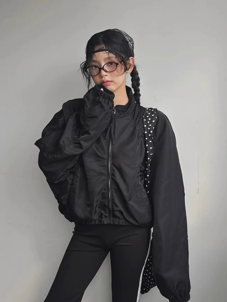 Kusahiki Stand Up Collar Pleated Short Cargo Jacket Womens Spring Style Coat Retro Casual Top 250731