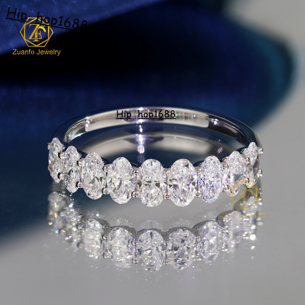 Romantic Style 14K Solid Gold Wedding Band New Trendy 3x5mm Oval Cut Moissanite Half Eternity Finger Ring for Women