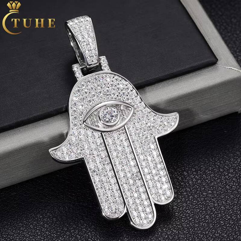 In Stock Dropshipping Hip Hop Jewelry 925 Sterling Silver VVS Moissanite Diamond Iced Out Hamsa Hand Pendant for Men Women