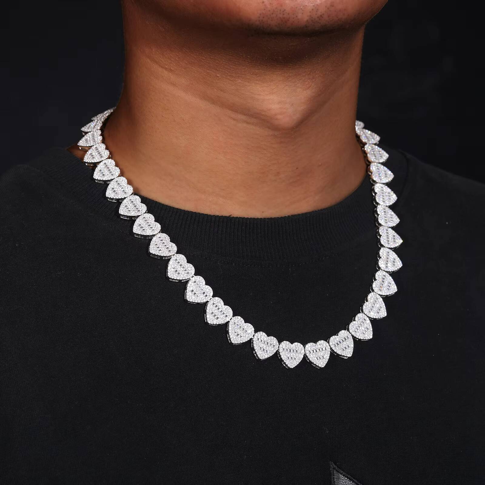 Hip Hop Jewelry High Quality 13mm 925 Sterling Silver VVS Moissanite Diamond Iced Out Buguette Heart Tennis Chain Necklace