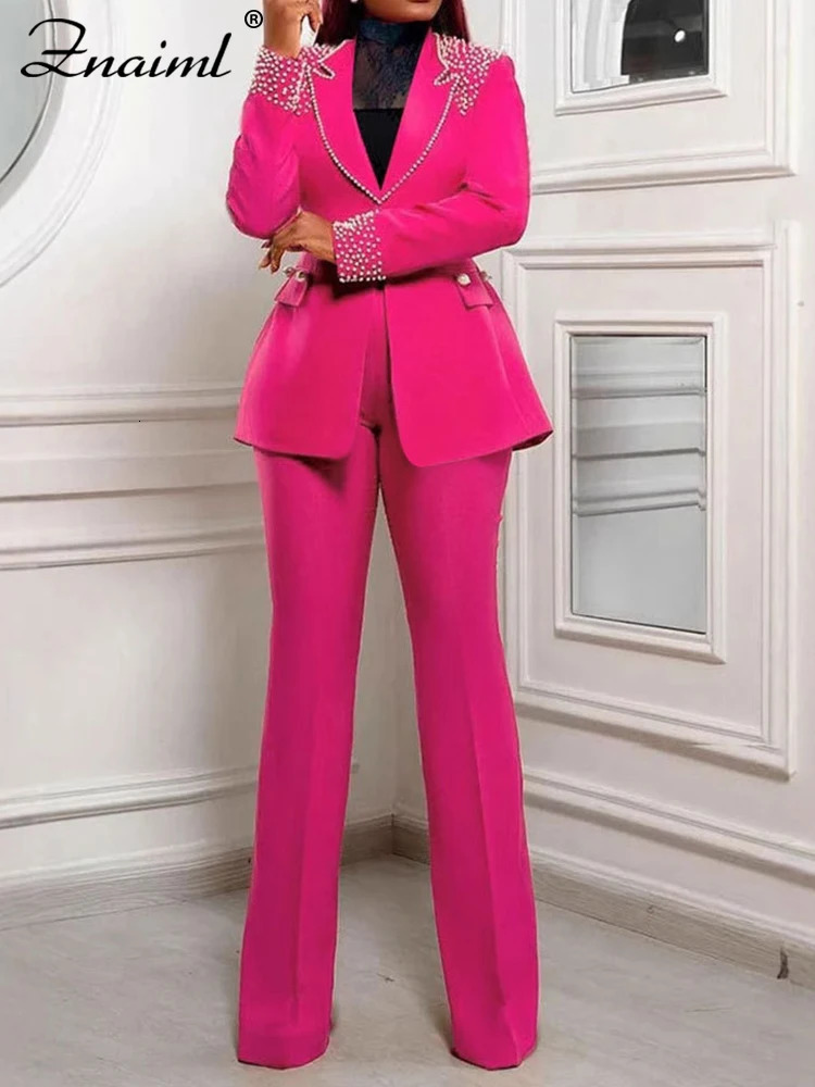 Znaiml Elegant Formal Office Lady Two 2 Pieces Women Clothing Pearls Blazer Coat and Straight Pants Work Business Matching Sets 250731
