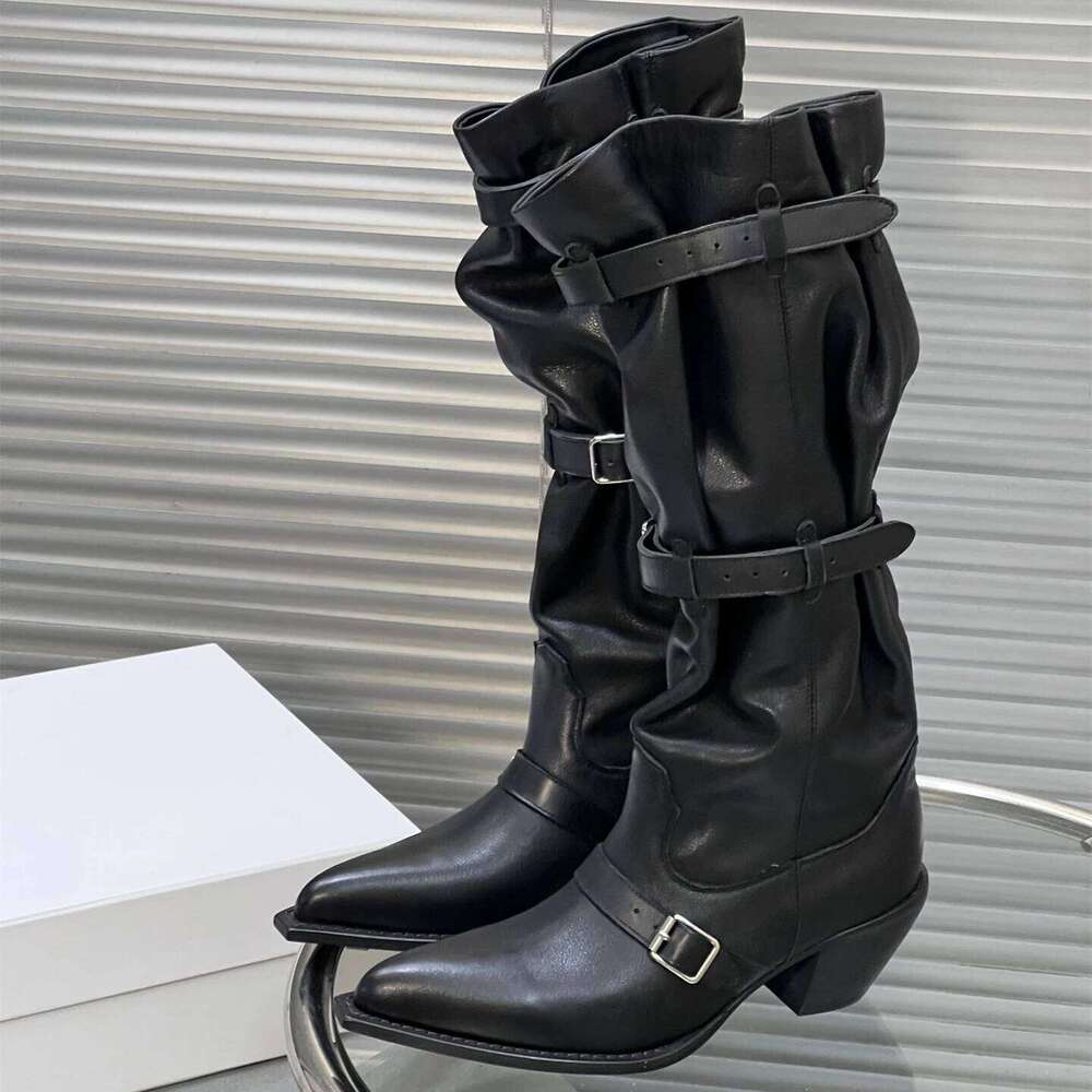 Women Size35-42 Genuine Leather Med Heels Natural Cow Suede Knight Boots Pleated Designer Shoes Zapatillas De Mujer 31b