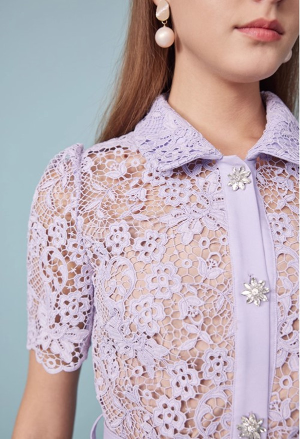 Summer New Elegant Purple Hollow Hot Diamond Button Midi Dress Water-Soluble Lace Dress Party Summer Resort Wear Office Women Clothing 6116474