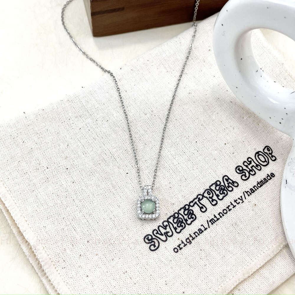 Cool Feeling Natural Hazardous Material Blue Water Jade Square Pendant Necklace Light Simple Clavicle Chain for Women 148