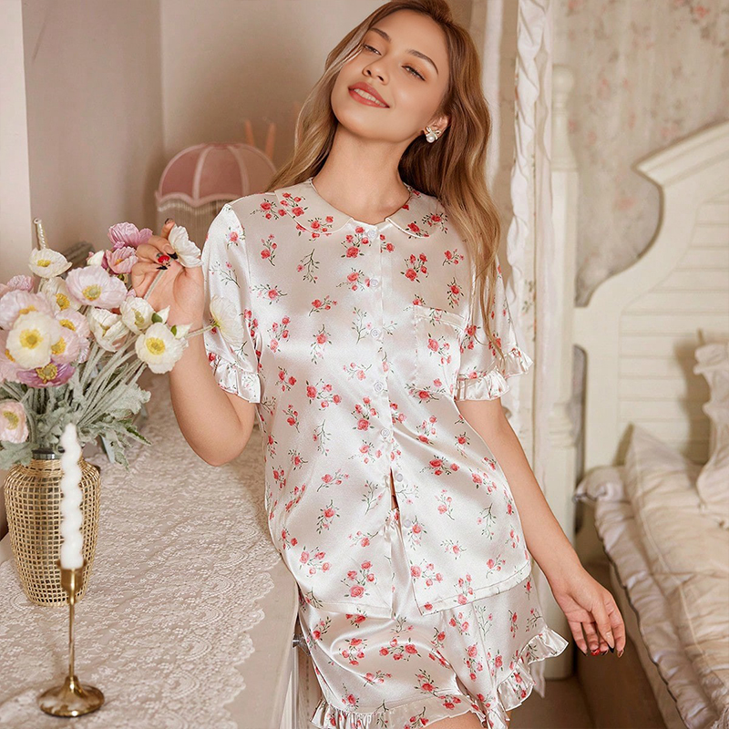 2025 New Women's Spring/Summer Silk Satin Country Style Floral Lace Short Sleeve Short Pants Pajama Set Homewear