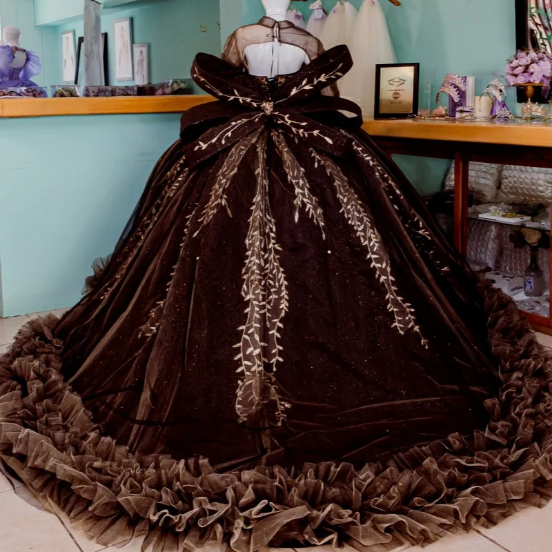 Dark Champagne Shiny Quinceanera Dresses Ball Gown Off The Shoulder Applique Beads Tiered Tull Party Birthday Sweet 16 Vestidos 15De Anos