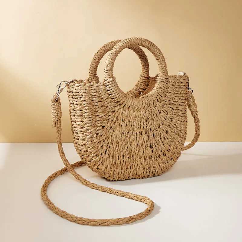 Handwoven Straw Rattan Half-Moon Beach Handbag Large Capacity Women Summer Hollow Out Crossbody Shoulder Bag Y250730