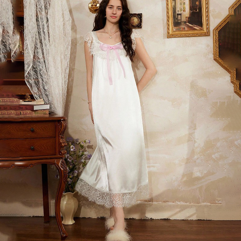 2025 New Women's Spring/Summer Silk Satin Lace Trim Bow Sleeveless Dress Nightgown Loungewear
