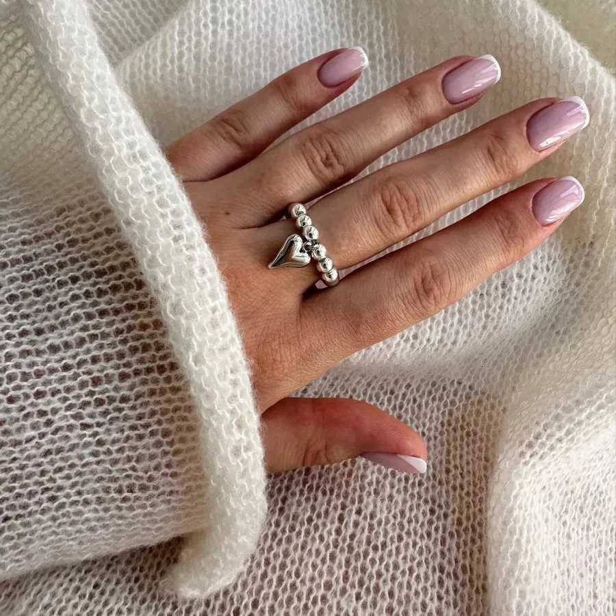 LATS Creative Handmade Beaded Bungee Cord Love Heart Pendant Rings for Women Girl Silver Color CCB Bead Adjustable Ring Jewelry y250730