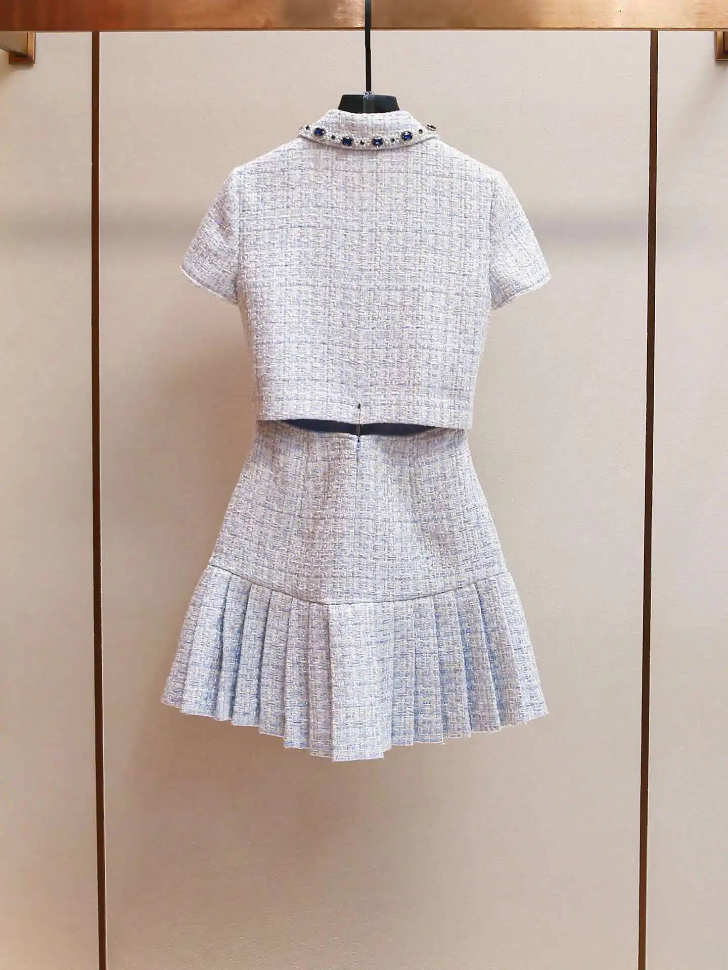Summer Autumn Crystal Tweed Short Dress Shirt Women Sleeveless Beaded Dias Single Breasted Evening Party Dresses Lady dongdumaoyi