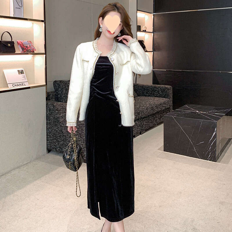 New Velvet for Women, Autumn and Winter, Spaghetti Strap, Slit, Inner Layer, High-Value Mid-Length Little Black Dress