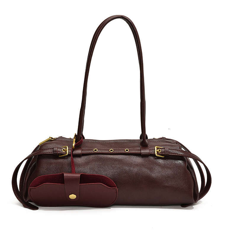 Brown leather hand-held cylindrical bag with metal decoration, single shoulder crossbody bag, fashionable and versatile, women's commuting bag