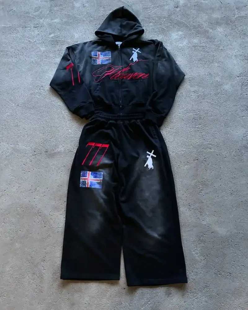 High Street American Retro Streetwear Mens Two-Piece Suit Set Goth Harajuku Zipper Hoodie Trendy Casual Sports Suit Sweatshirt XJ250731