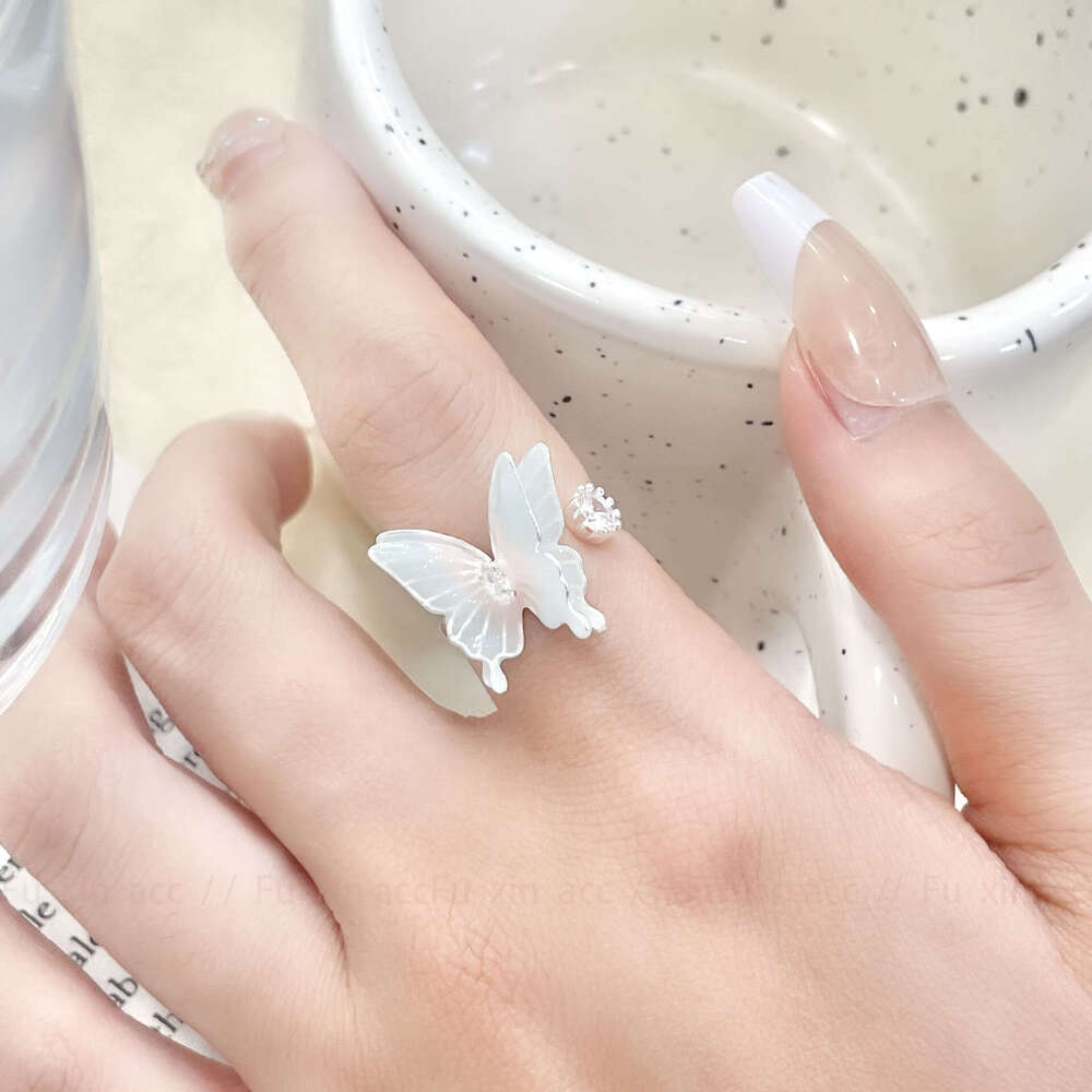 Korean Style Fresh Sweet Gradient Pink Blue Double Layer Open Butterfly for Women Light Luxury Niche Design High-end Sense Ring 69a