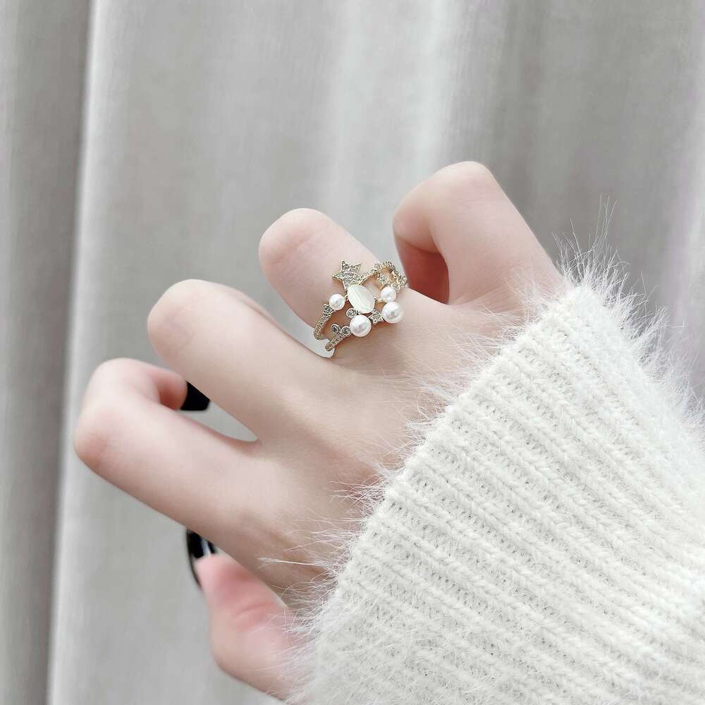 Mangxing Pearl Zircon Double Layer for Women, Elegant and Luxurious High-end Index Finger Ring, Unique Niche Design Ring d5d