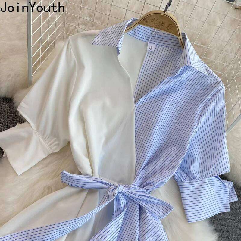 Striped Women Fashion Summer Patchwork Dresses Korean Irregular Long Robe Shirt Dress Elegant Bandage Femme Vestidos